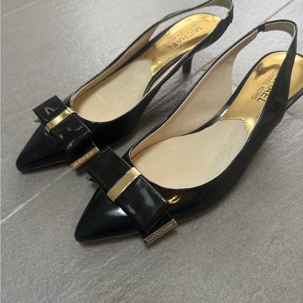 Michael Kors Black Patent Slingback Pointed Toe Pumps with Bow Accent